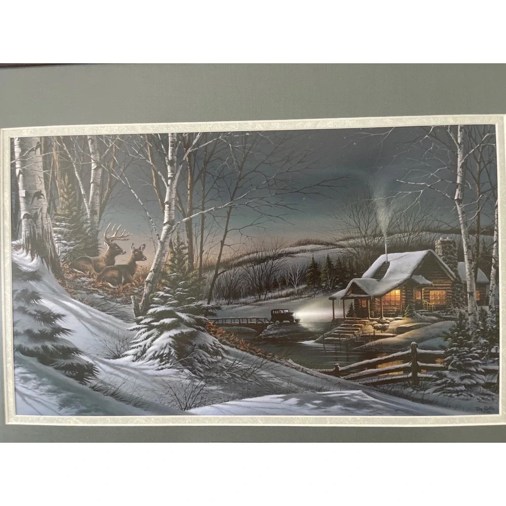 Terry Redlin Evening With Friends Framed Art Print 1989 Winter Cabin Deer Scene - Picture 4 of 8